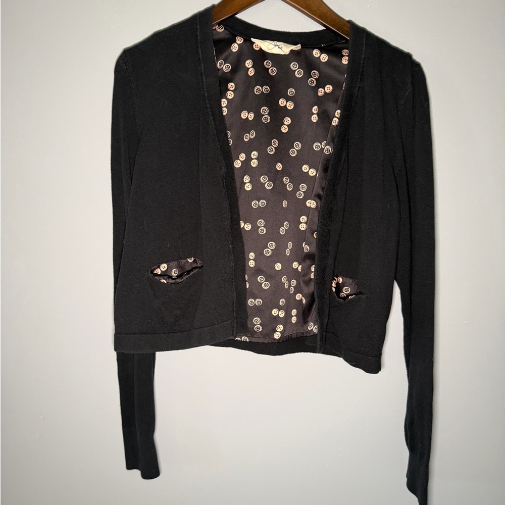 Anthropologie monogram HWR button print long sleeve open front cardigan
